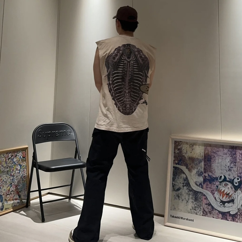 Travis Scott Collaboration Mechanical Skeleton Print Washed Vintage Summer Casual Sports Sleeveless Vest Trendy