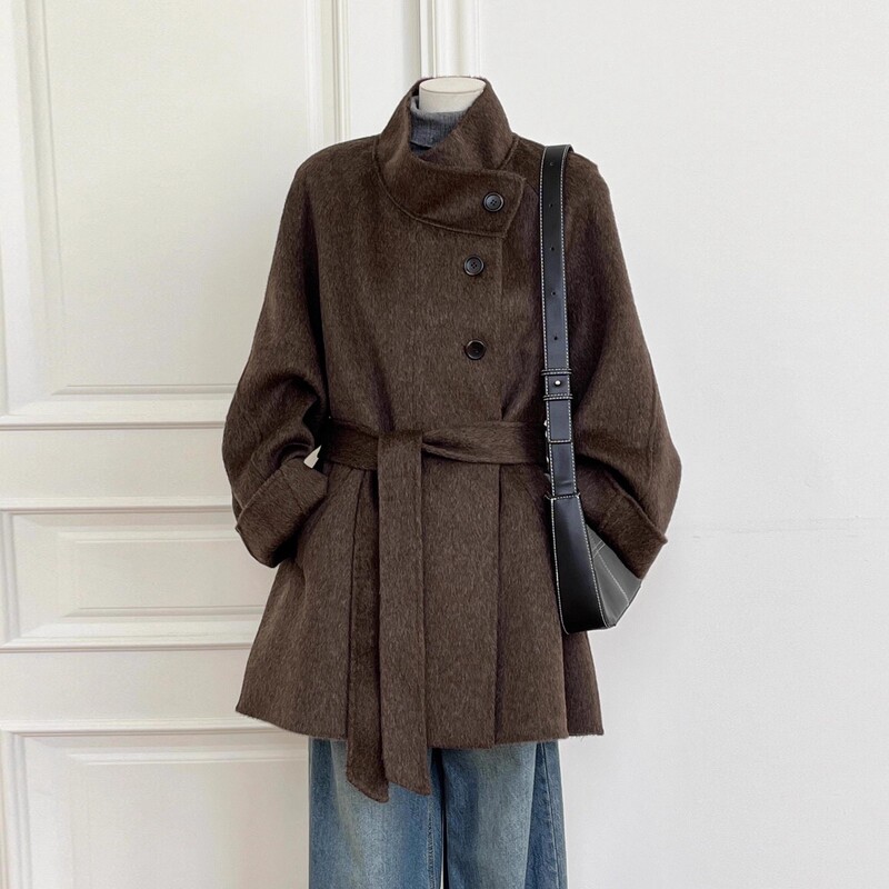 High-End Brown Short Double-Sided Cashmere Coat for Women 2026 New Spring Petite Woolen Woolen Coat