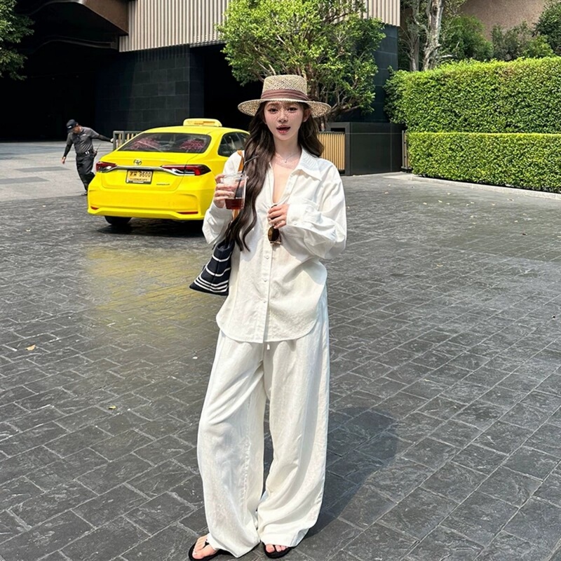 French-Style White Linen Shirt for Women 2026 New Summer Top Wide-Leg Pants Two-Piece Set Fashionable Sun-Protective Shirt