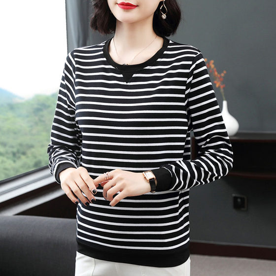 Pure cotton long-sleeved T-shirt for women 2024 spring and autumn new outer wear large size striped top middle-aged and elderly mother's bottoming shirt