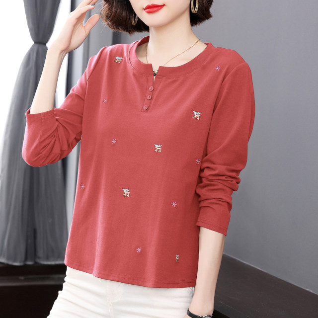 Pure cotton long-sleeved T-shirt for women 2024 spring and autumn new style large size top middle-aged and elderly mothers age-reducing bottoming shirt