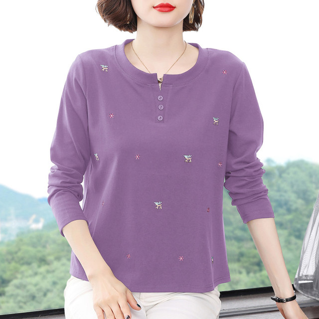 Pure cotton long-sleeved T-shirt for women 2024 spring and autumn new style large size top middle-aged and elderly mothers age-reducing bottoming shirt