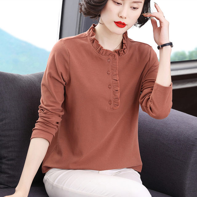 Pure cotton long-sleeved t-shirt women's casual shirt 2024 spring and autumn new style middle-aged and elderly mothers style tops bottoming shirt