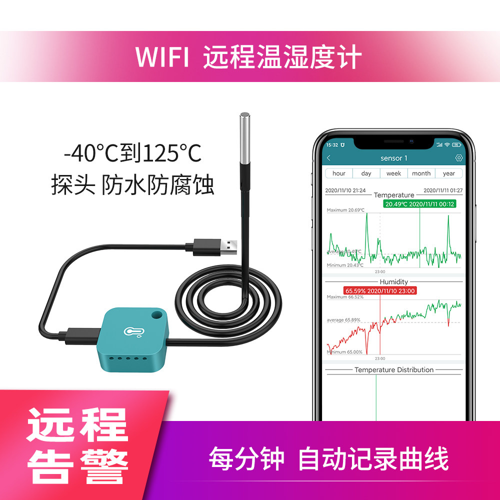 JIFI WiFi Laboratory Room Indoor Water Temperature and Humidity Measuring Fish Rainforest Water Greenhouse Anti-Corrosion