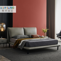 Light luxury modern leather bed head layer yellow cowhide soft bag solid wood bed double bed master bedroom wedding bed 1 8 meters small apartment