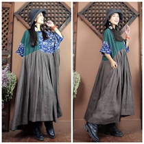 Ethnic style patchwork contrast loose dress oversized swing womens large size loose version long dress Old batik stand collar