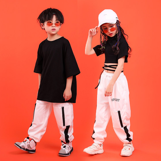 New hip-hop girls hip-hop suit summer Korean style navel-baring short-sleeved boys and children jazz dance performance costumes