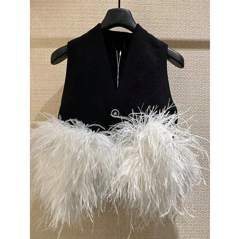 French-Style Feather Patchwork Vest, Spring Women's High-End Niche European Casual Sleeveless Knitted Top