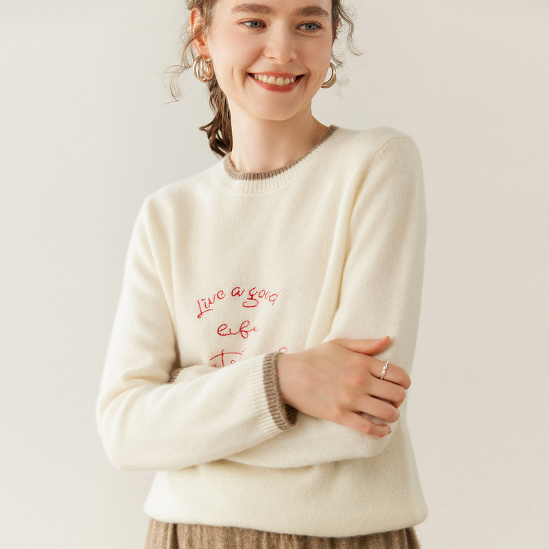 2025 Autumn/Winter New Cashmere Round Neck Long Sleeve Sweater Soft and Textured with Embroidered Jacquard Colors Knitted Top