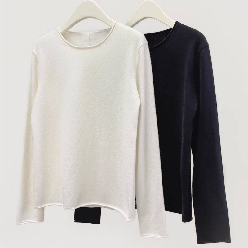 Minimalist Style High-End Relaxed Feel Creamy White Rolled-Edge Cashmere Sweater for Women, Round Neck Loose Wool Base Sweater, Knitted Sweater