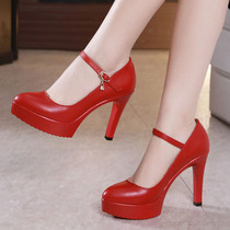 Red model cheongsam show high heels waterproof table large size 40-43 size fine heel pointed leather single shoes wedding shoes