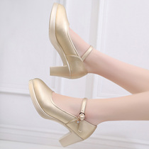 Golden leather middle heel thick heel waterproof single shoes wedding shoes women cheongsam catwalk model size 40-43 size womens shoes