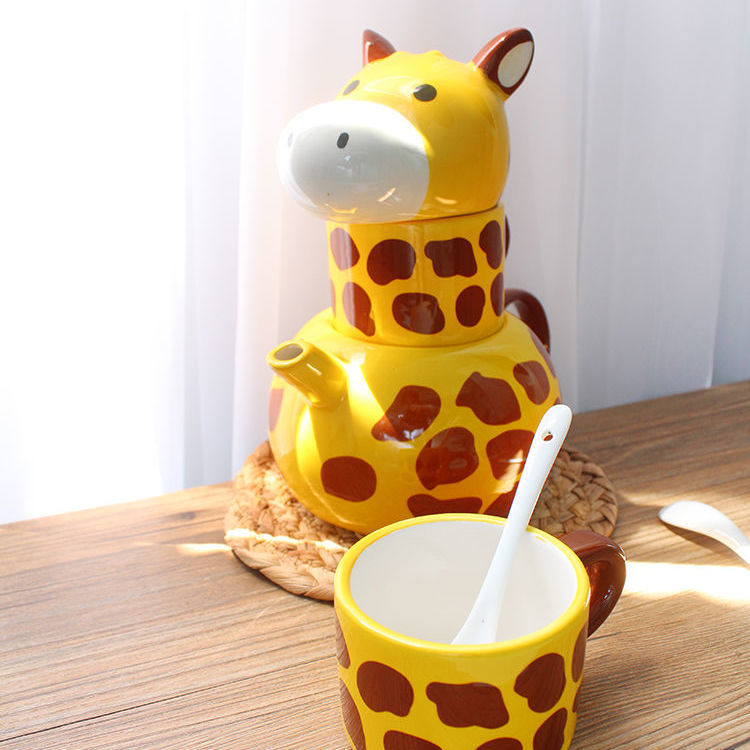 Creative ceramic giraffe mug mug suit Mark mug set with a lid cute animal couple for a cup gift wave