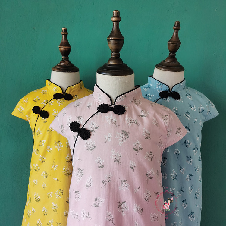 Small Crushed Flowers China Wind Pure Cotton Girl Qipao Children's Great Child Foreign Dress Mother Tang Dress Parent-child Spring Autumn Hanfu Dress