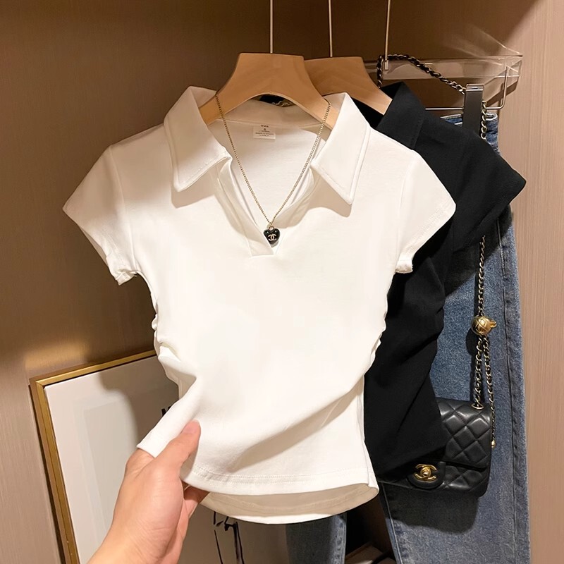 White Polo Collar Short-Sleeve T-Shirt for Women, Summer 2026 New Style, Pure Cotton, Pleated, Waist-Cinching, Unique Design Top