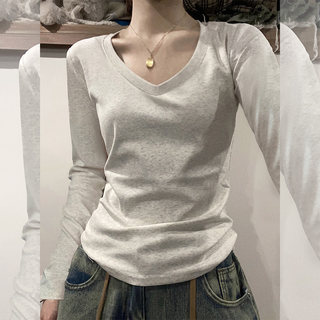 Pure cotton v-neck right shoulder bottoming shirt long sleeve slim fit top