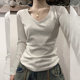 Pure cotton V-neck right shoulder bottoming shirt long sleeve slim fit top