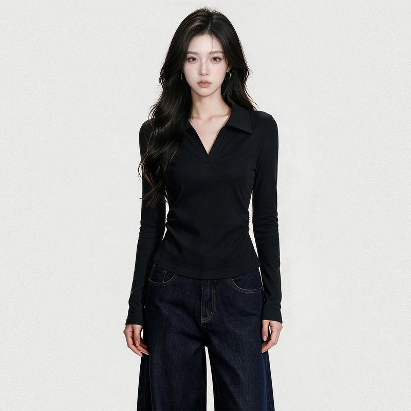 Black Polo Collar Base Shirt for Women, 2026 New Autumn and Winter Style, Pleated Waist, Slim Fit, Long-Sleeved Top That Can Be Worn Outside