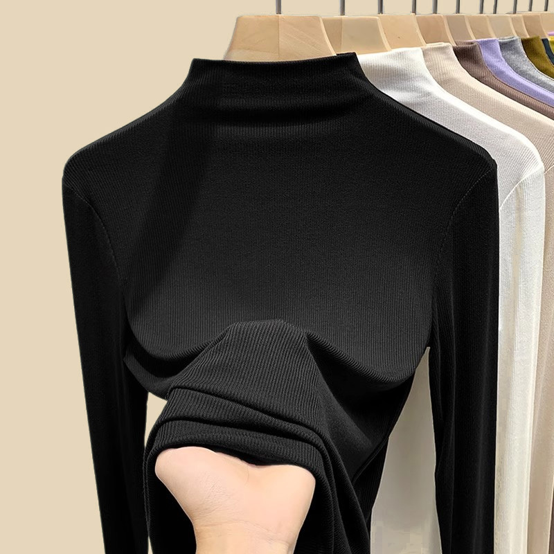 Black Half-High Collar Base Shirt for Women, Long-Sleeved T-Shirt, 2026 New Spring, Autumn, and Winter Slim-Fit Knit Thin Top