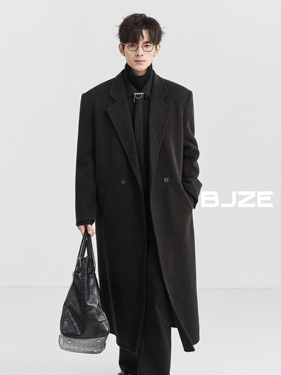 BJZE男装24冬季超长款牦牛毛双面羊毛呢大衣过膝羽绒内胆保暖外套