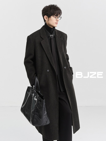 BJZE男装24冬季超长款牦牛毛双面羊毛呢大衣过膝羽绒内胆保暖外套