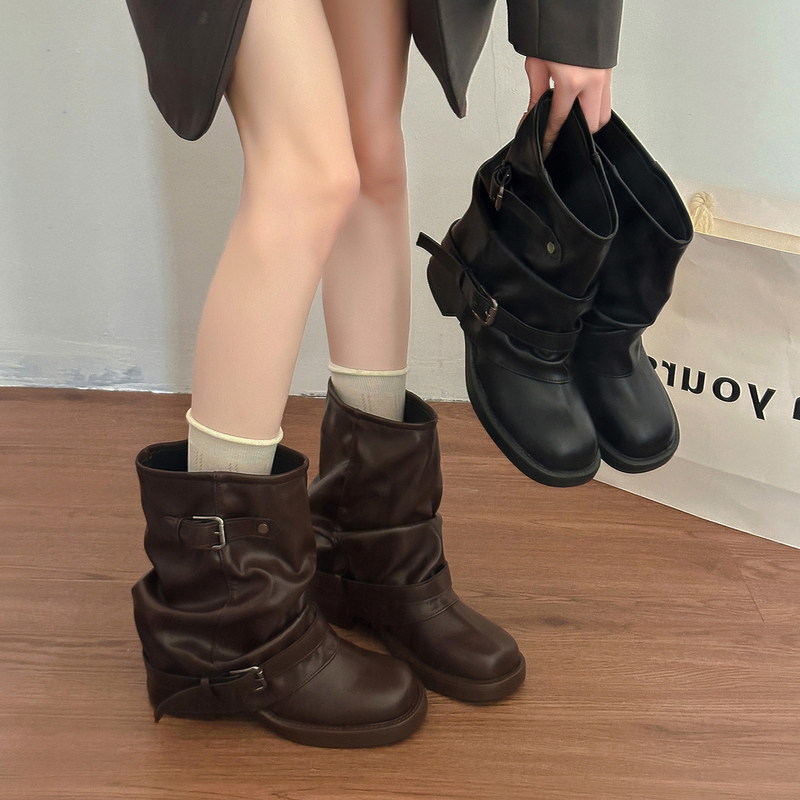 Super Popular Short Boot for Women, 2026 Spring and Autumn New Mid-Calf Slouch Boots with Chunky High Heels, Slimming Riding Martin Boots