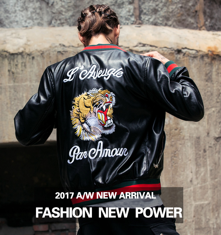 Da của nam giới tiger head thêu đồng phục bóng chày mùa thu và mùa đông đầu máy PU leather jacket triều thương hiệu air force jacket coat triều