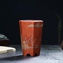 Yixing Purple sand flower pot Republic of China flower pot pure handmade mud painting Taiwan reflow miniature flower pot antique handle