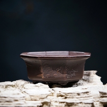 Full handmade eight square purple sand multi-meat flower pot with old objects iron painting Xuan Calami Basin False Mountain Pot flower pots