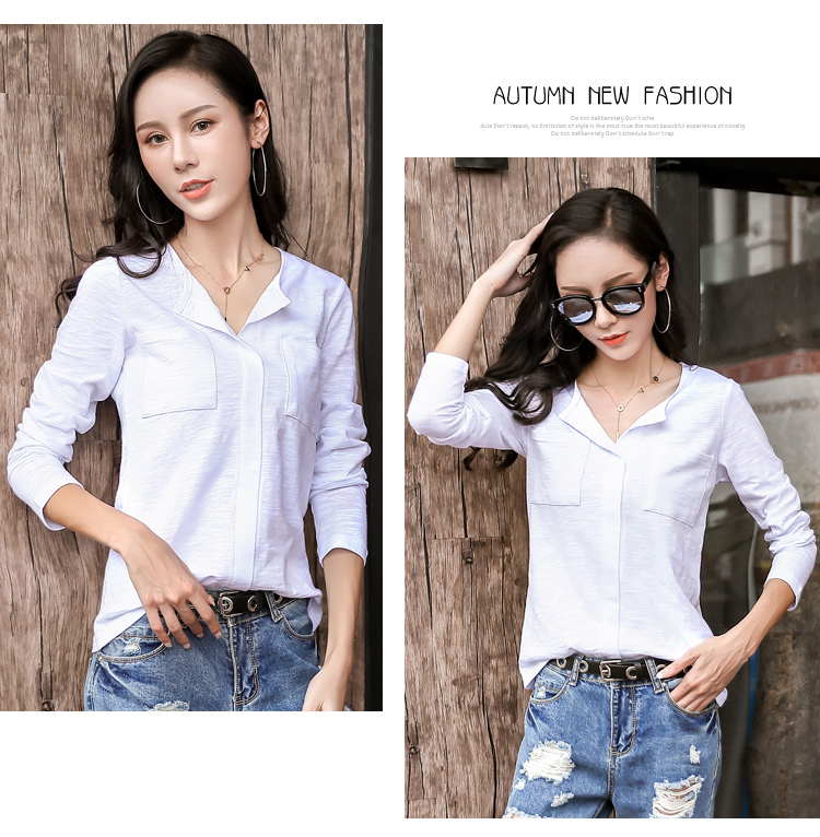 Mùa thu 2018 phiên bản Hàn Quốc mới của áo thun dài tay tre nữ rộng rãi có kích thước lớn màu rắn chạm đáy áo cotton cổ chữ V áo phông đẹp nữ