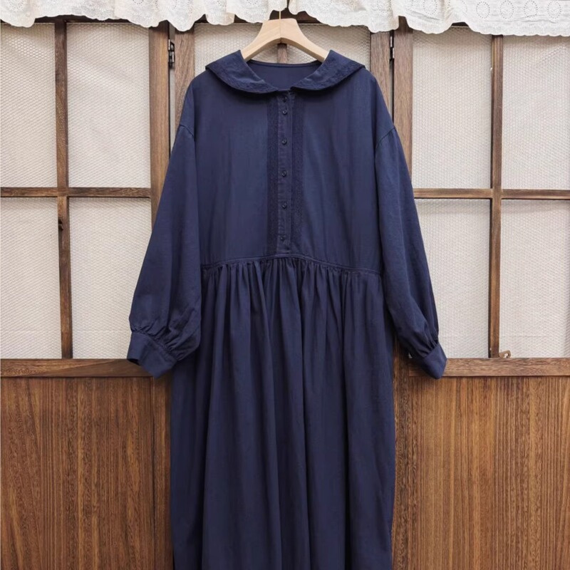 Japanese-Style Navy Collar Lace Patchwork Pure Cotton Long-Sleeve Dress for Women, Autumn Literary Fresh Slimming Loose Mori Girl Style Japanese-Style Navy Collar Lace Patchwork Pure Cotton Long-Sleeve Dress for Women, Autumn Literary Fresh Slimming Loose Mori Girl Style