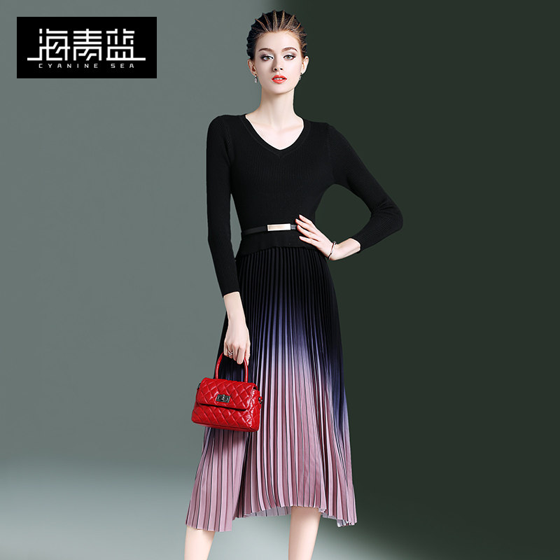 Sea blue autumn and winter women's knitted dress 2019 new waist thin fashion pleated skirt