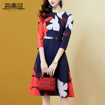 Sea Green Blue Fall 2022 Spring New Womens Dress Skirt Round Collar Cashew Slim Retro Temperament Print A dress