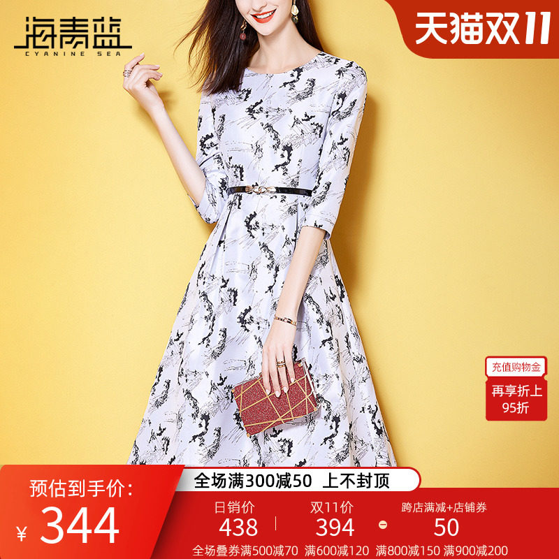 Haiqinglan 2022 spring new women's clothing European and American round neck three-quarter sleeve printed mid-skirt women's temperament all-match dress