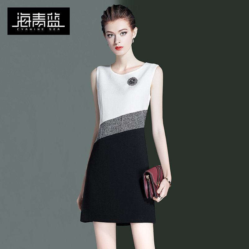 Haiqing Blue Law Style Collision Color Dress Woman 2022 Summer clothes new collection waist display slim sleeveless a small short dress 17506