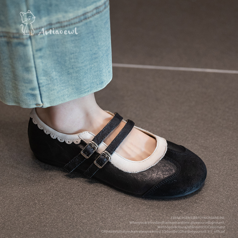 A Meow | Court-Style Retro Color-Block Lace Flat Mary Jane Shoes for Women 2026 New Model with Double Buckle Shallow Mouth Single Shoes
