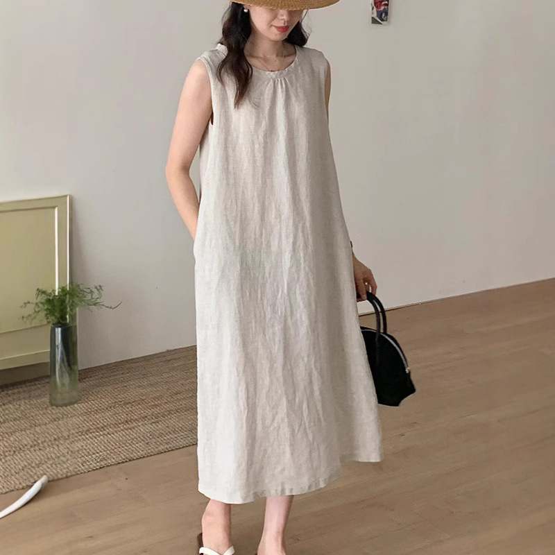 100% Linen Solid Color Sleeveless Dress 2026 New Summer Loose Mid-Length Dress High-End Pure Linen 100% Linen Solid Color Sleeveless Dress 2026 New Summer Loose Mid-Length Dress High-End Pure Linen