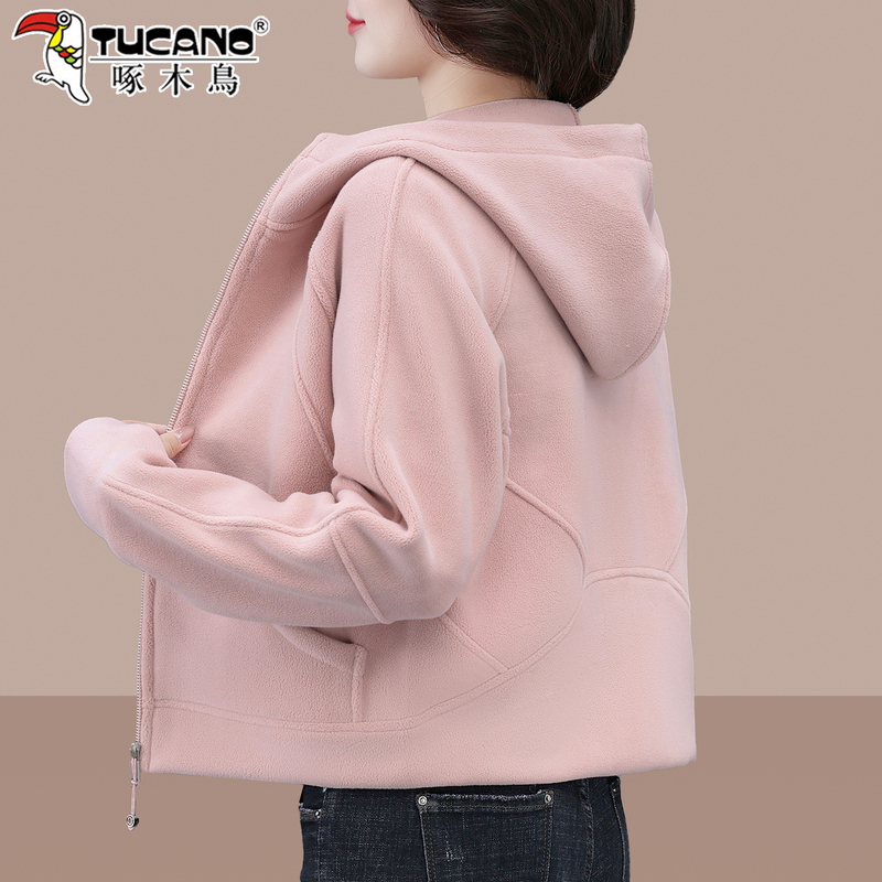 Woodpecker Fleece Jacket for Petite Women 2026 New Autumn and Winter Fleece Warm Slimming Short Hooded Top