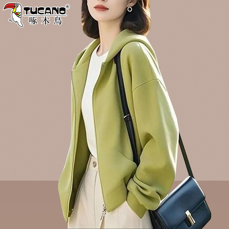 Woodpecker Hooded Sweatshirt Jacket for Women 2025 New Autumn and Winter Loose Casual Fleece-Lined Warm Cardigan Short Top