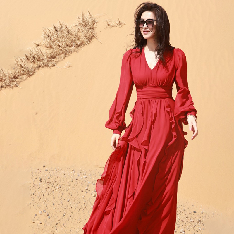 Summer New Style Super Fairy-Like Fashionable Xinjiang Travel Photo Shoot Silk Mulberry Silk Dress Slim Fit Flattering Long Skirt