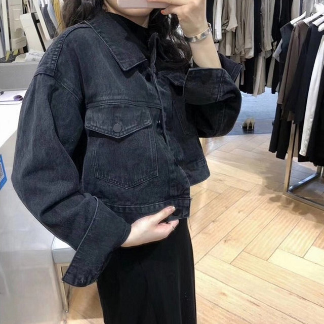 Korean chic style loose short black denim jacket for women retro versatile denim jacket top