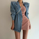 Chic wind blowing street cool fashion design shoulder pads back slit loose mid-length suit collar denim jacket women