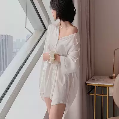 White shirt night dress female summer ice silk thin sexy feminine boyfriend style long skirt silk home clothes can be worn outside