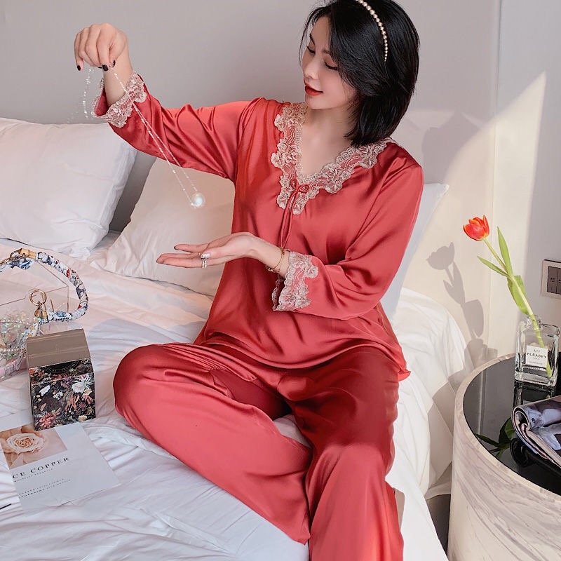 Lady Genuine Silk Sleeping Clothing Han Edition Spring Autumn Season Lace Two Style Suits Long Sleeves Summer Fresh And Thin Silk Home Clothes