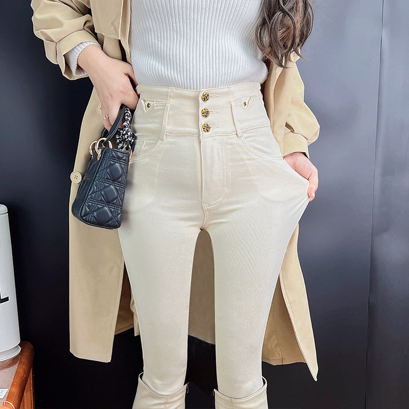 Korean version beige white beating underpants woman pants outside wearing spring autumn 2023 new tight pencil with high waist and small black boots with small black boots-Taobao