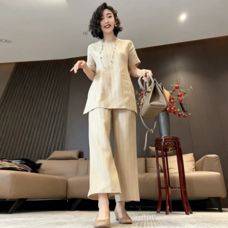 French Rouje Moaks Fashion Set for Women, Summer Thin Design with Striped Wide-Leg Pants, Old Money Style Two-Piece Set French Rouje Moaks Fashion Set for Women, Summer Thin Design with Striped Wide-Leg Pants, Old Money Style Two-Piece Set