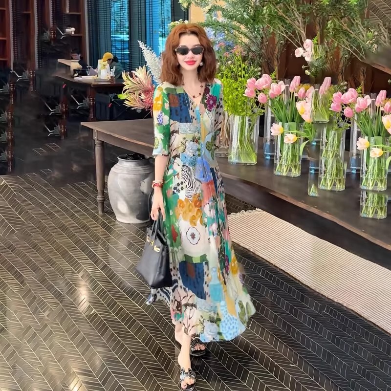 French Rouje Moaks Silk Mulberry Silk Flowing Dress for Women, Slimming Summer Thin Over-The-Knee Long Dress