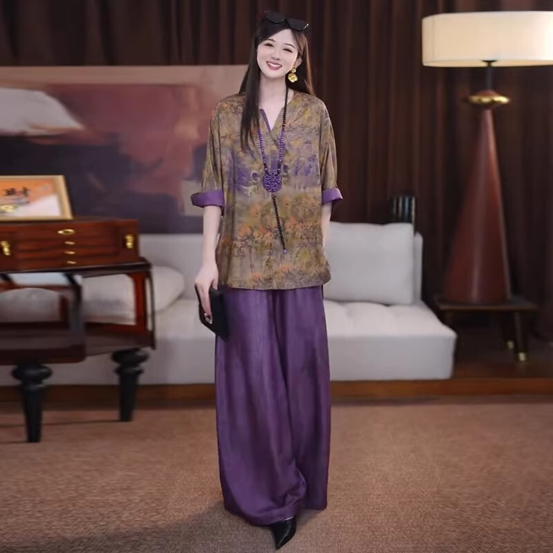 French Rouje Moaks Silk Set for Women, Loose Summer New Style Shirt and Wide-Leg Pants Two-Piece Set French Rouje Moaks Silk Set for Women, Loose Summer New Style Shirt and Wide-Leg Pants Two-Piece Set