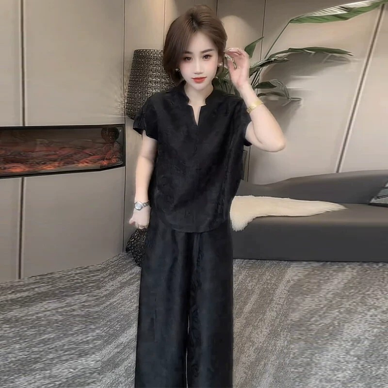 French Rouje Moaks Silk Mulberry Silk Suit for Women, New Summer Design, Short-Sleeved Wide-Leg Pants Two-Piece Set French Rouje Moaks Silk Mulberry Silk Suit for Women, New Summer Design, Short-Sleeved Wide-Leg Pants Two-Piece Set