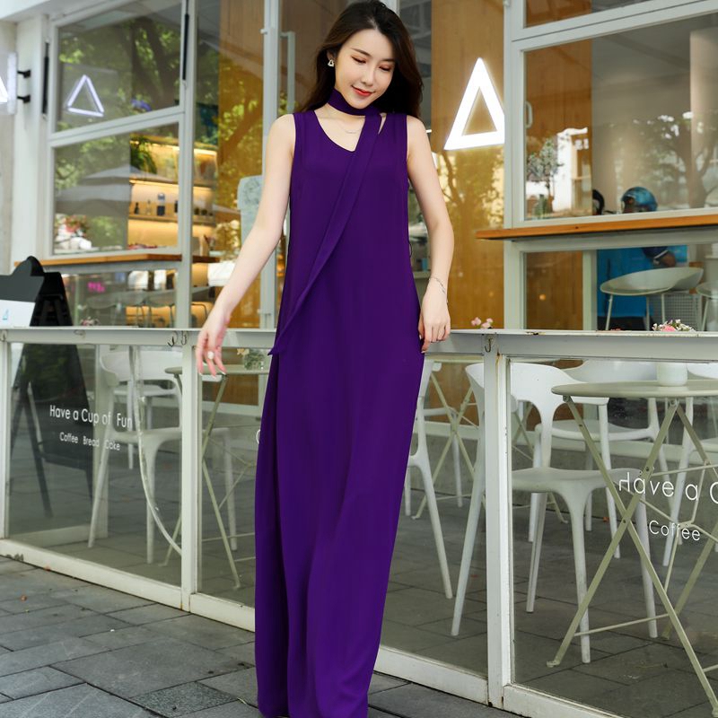 Long Skirt for Women, Summer Floor-Length Loose-Fitting Elegant Purple Dress, Plus Size Base Dress, Tall Women's Ankle-Length V-Neck Tank Dress